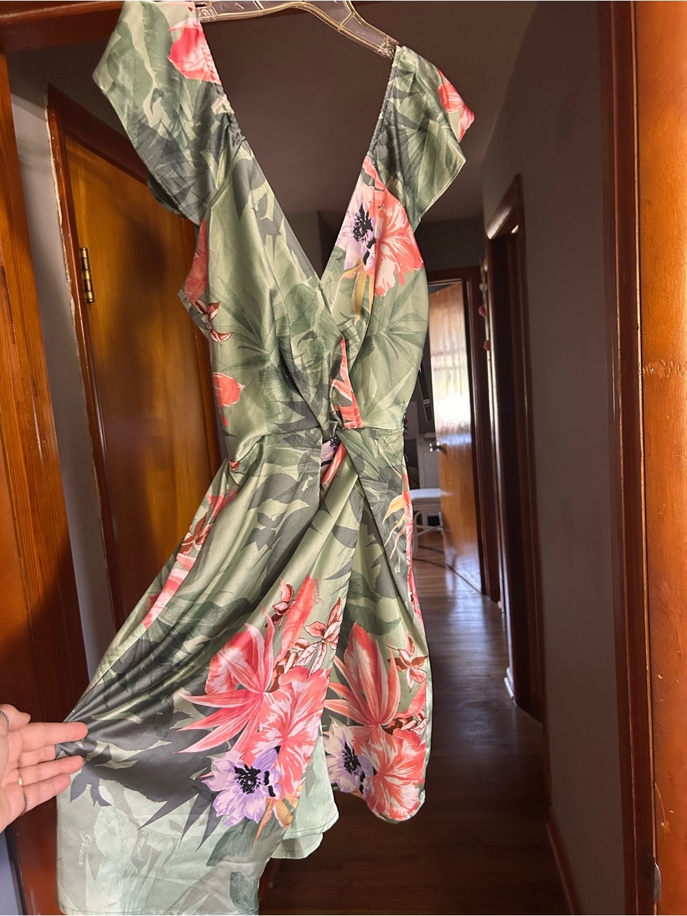 Olive Green Floral Wrap Mini Dress with Pink Bloom Guess Brand